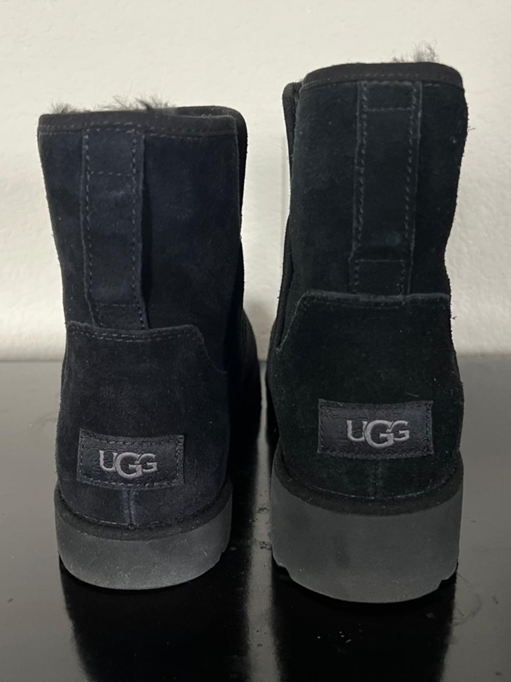 UGG Black Short Suede Boots with Shearling Trim